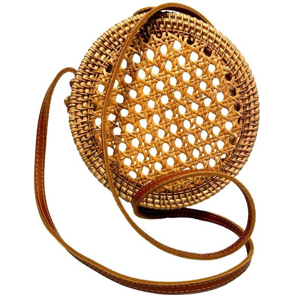 Unbranded Handbags - Round Rattan Woven Crossbody 8" Bag Purse Leather Strap& Closure Boho Bali Style